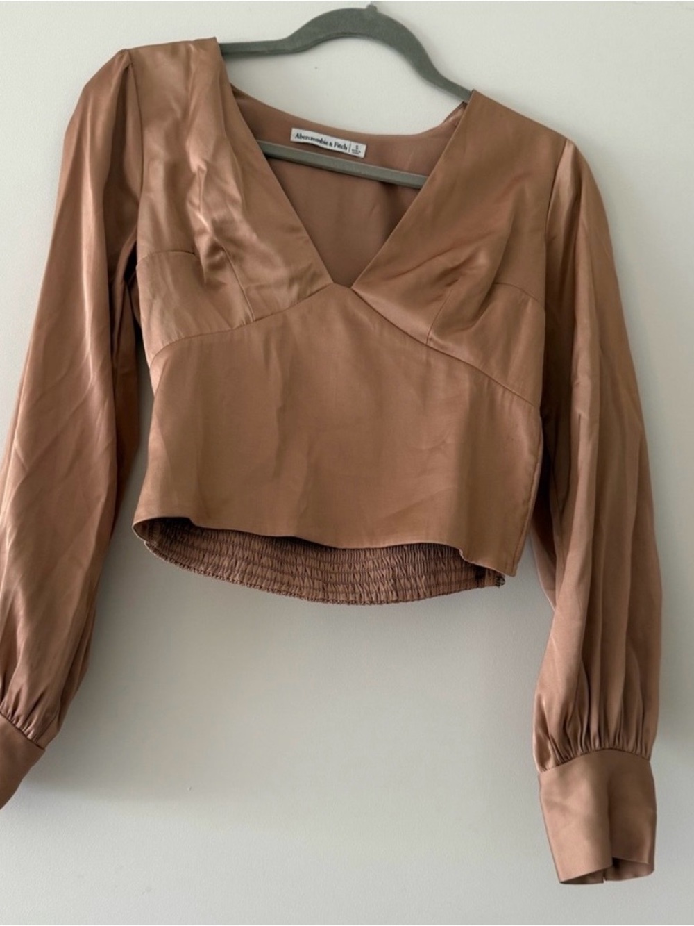 Abercrombie & Fitch Tan Brown V-Neck Long Sleeve Cropped Blouse